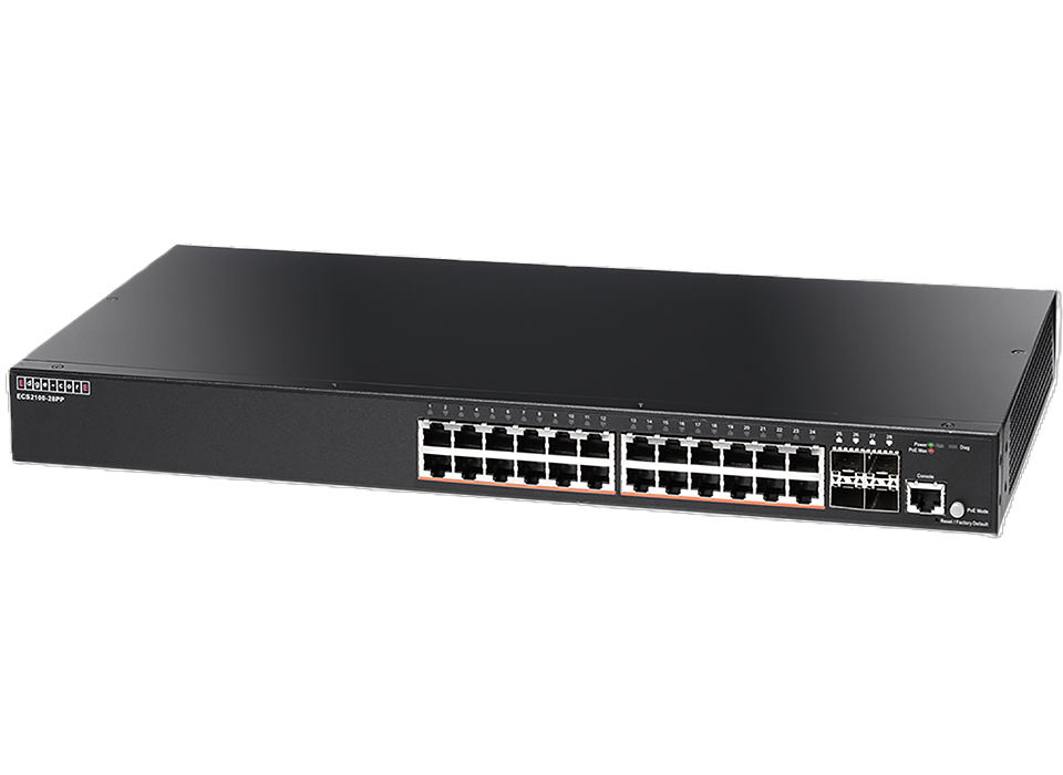 Edge-Core ECS2100-28PP: 24 ports 10/100/1000Base-T + 4 (1G) SFP uplink ports with 24 port PoE (370W)